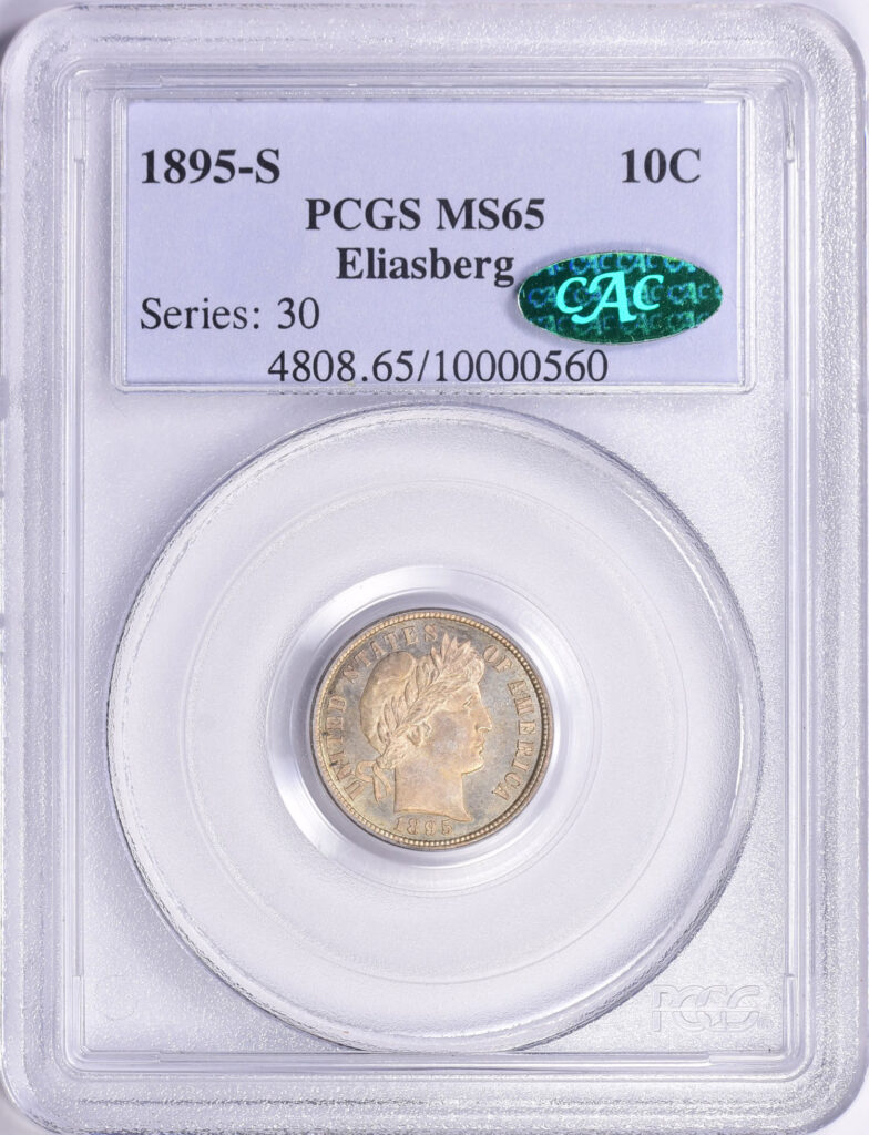 The obverse slab shot of a PCGS graded 1895-S Barber dime graded an MS65 with a green CAC sticker.