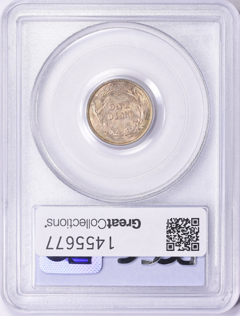 The reverse slab shot of an 1895-S Barber Dime.