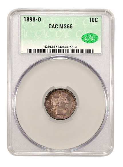 An obverse slab shot of an 1898 O Mintmark Barber Dime in a CACG holder graded an MS66