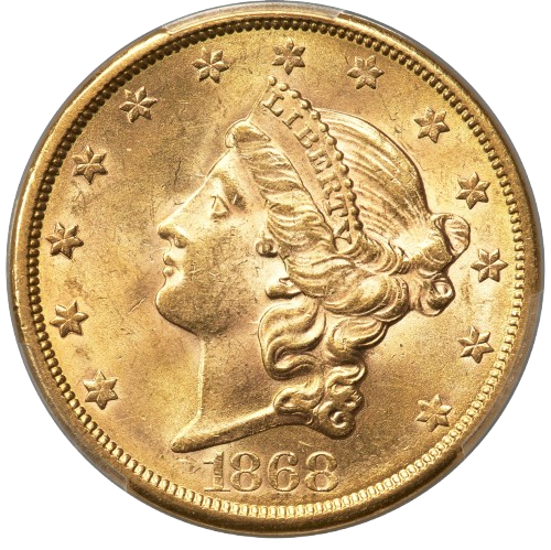 The obverse of a raw 1868-S Twenty Dollar Liberty Gold