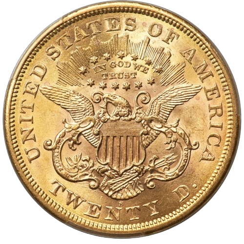 The reverse of a raw 1868-S Twenty Dollar Liberty Gold