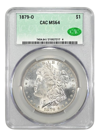 The obverse slab shot of an 1879-O Morgan dollar graded a MS64 by CAC Grading