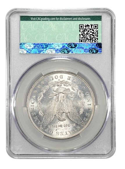 The reverse slab shot of an1879-O Morgan dollar graded a MS64 by CAC Grading