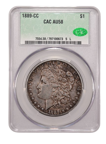 The obverse slab shot of an 1889-Carson City Morgan dollar graded an AU58 by CAC Grading