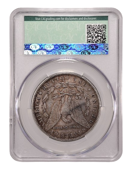 The reverse slab shot of an 1889-Carson City Morgan dollar graded an AU58 by CAC Grading