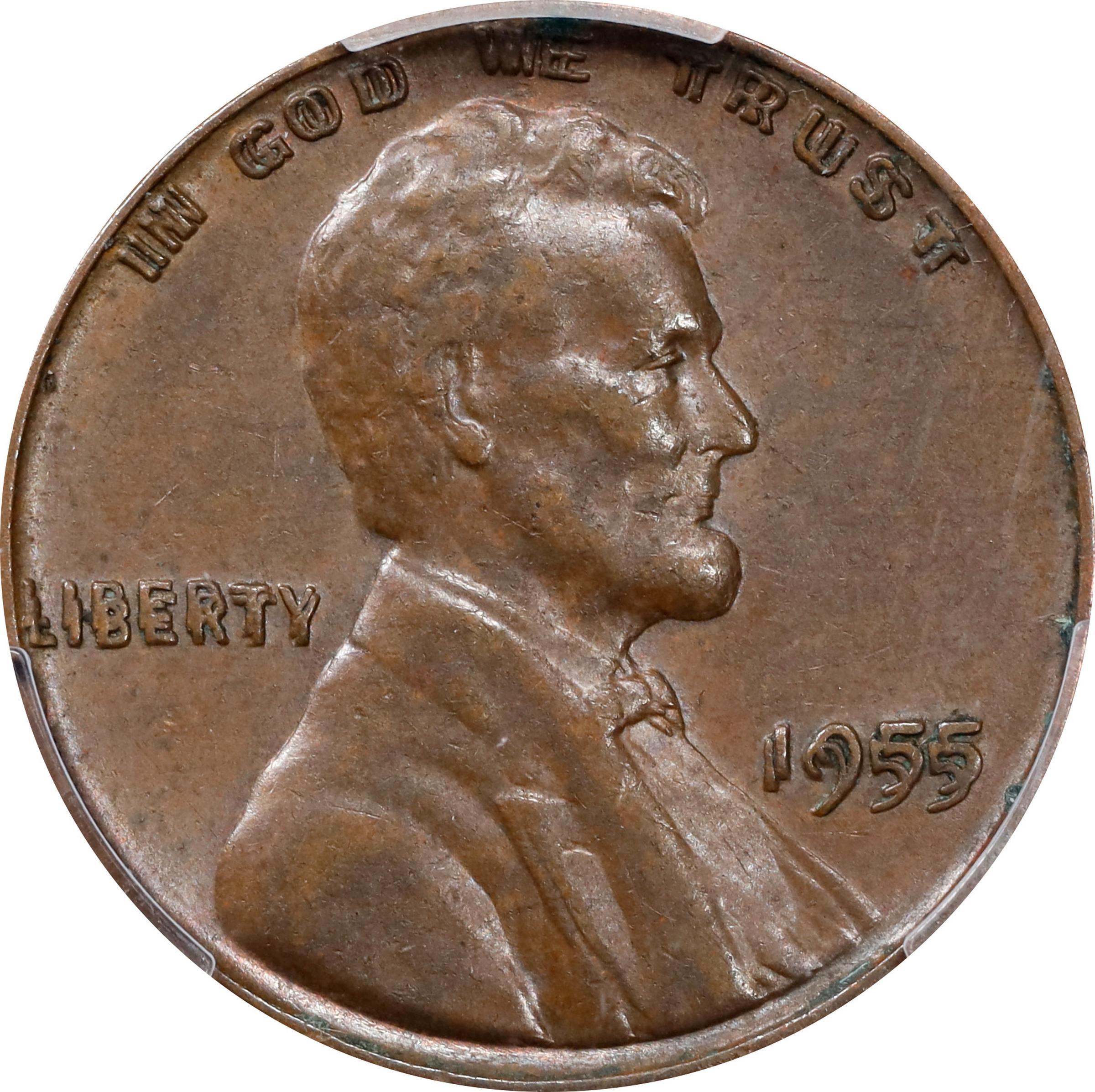 The obverse of a raw 1955 Lincoln cent with a doubled die obverse