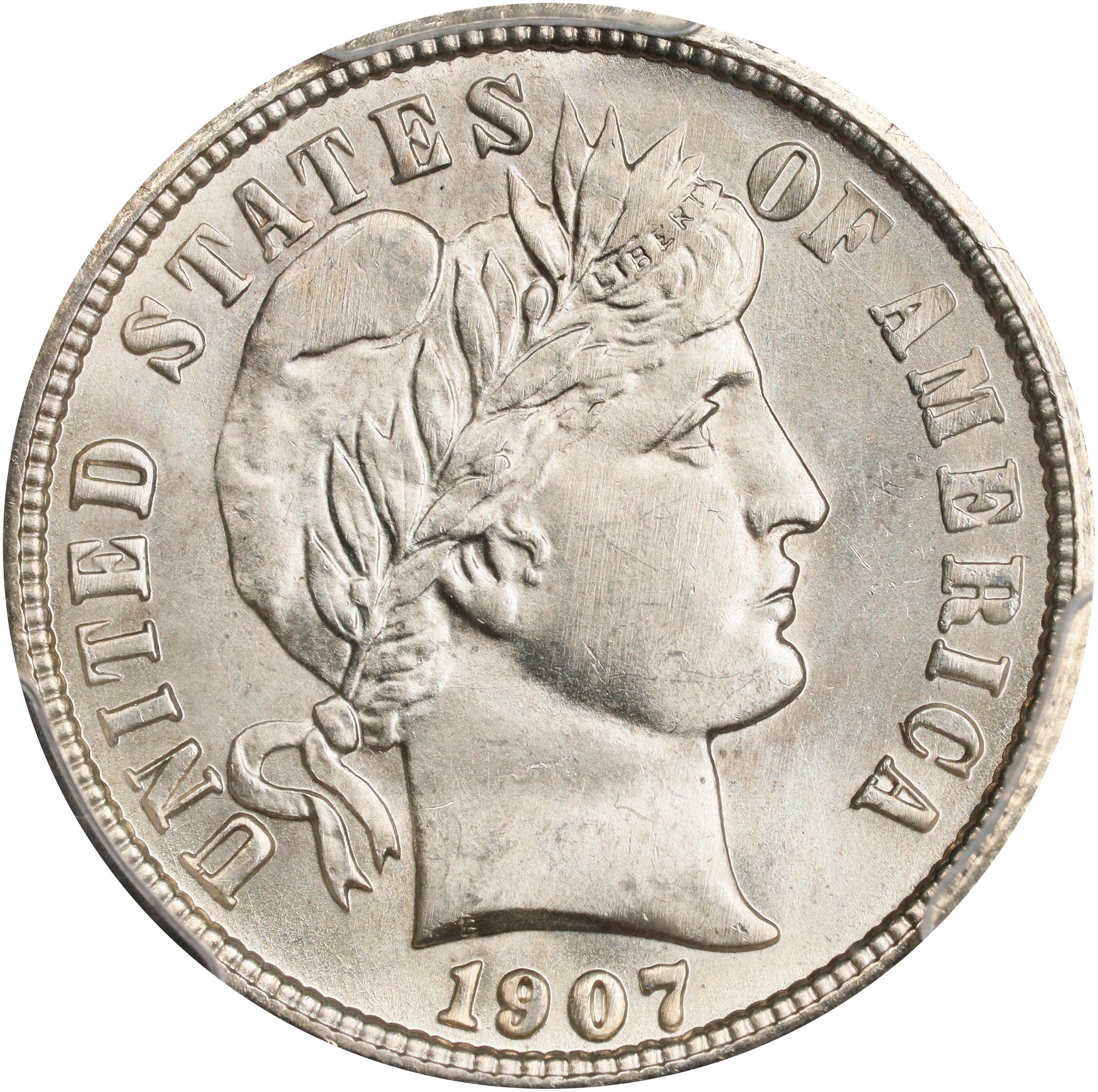 The obverse of a raw 1907 Barber Dime