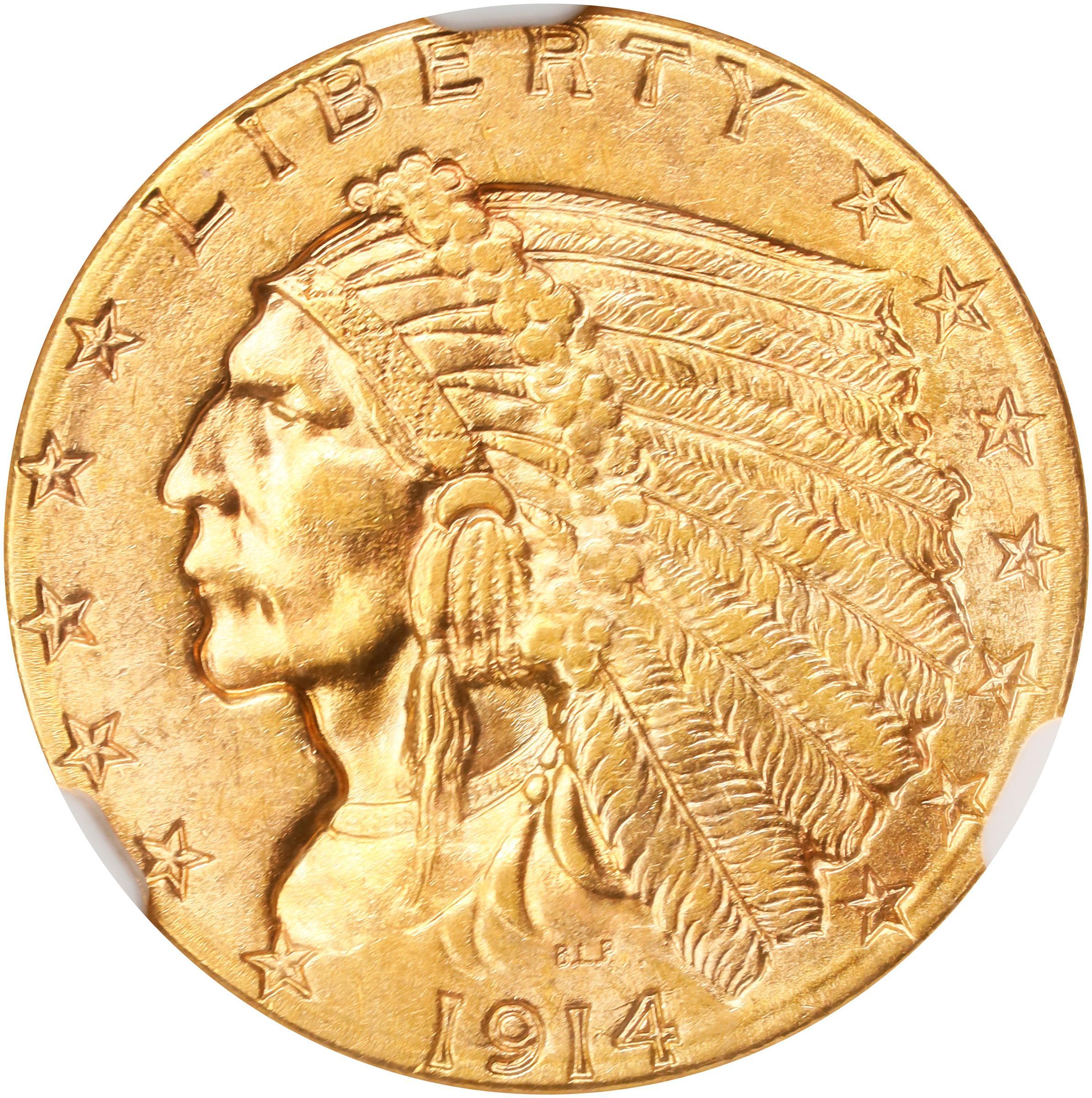 The obverse of a 1914-D Indian $2.5 Gold piece