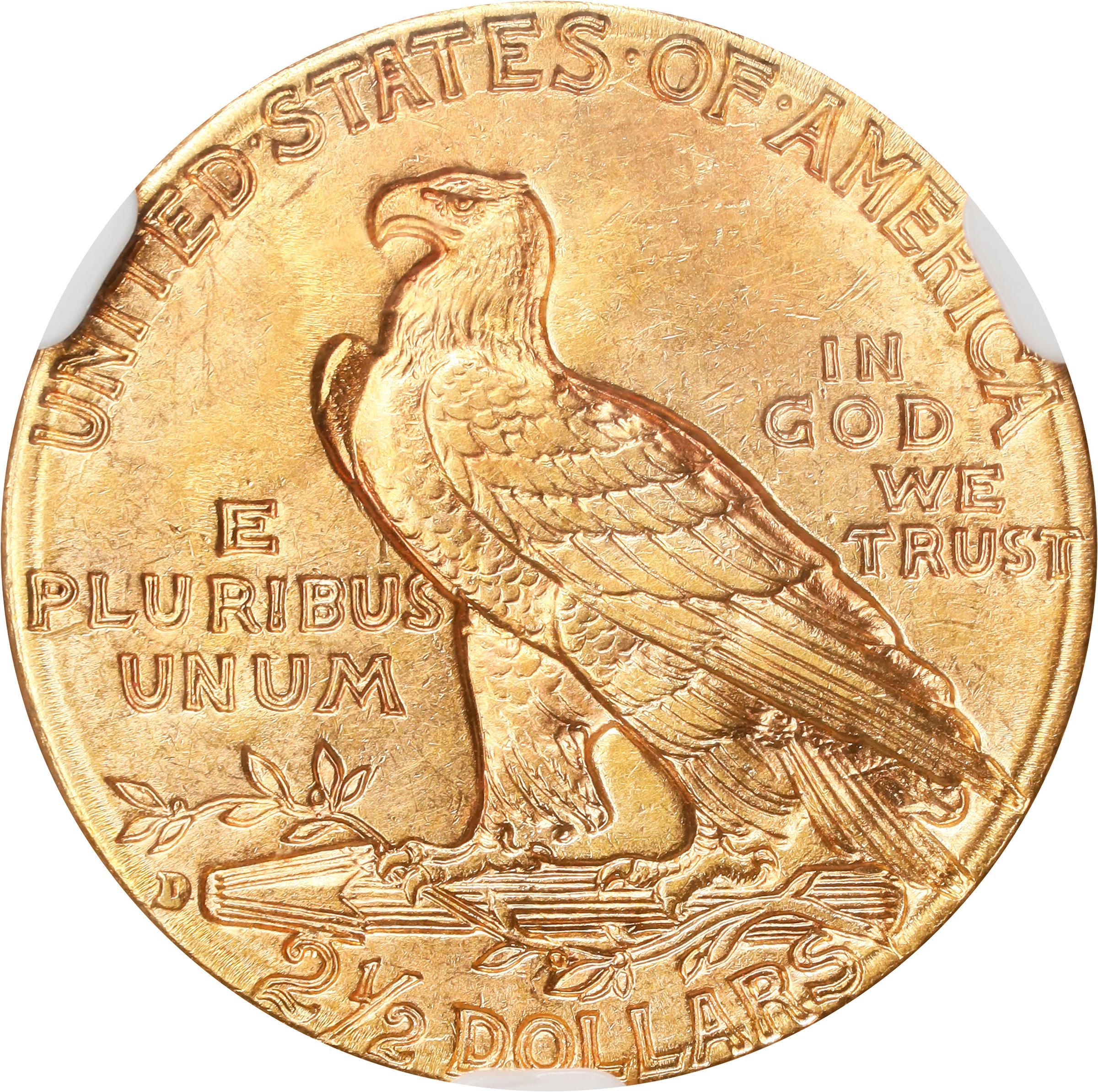 The reverse of a 1914-D Indian $2.5 Gold piece