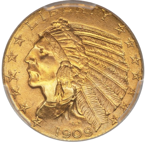 The obverse of a 1909 Indian $5 Gold Piece