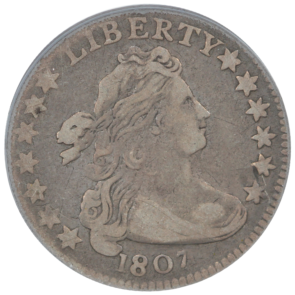 Obverse of a raw 1807 Draped Bust Dime