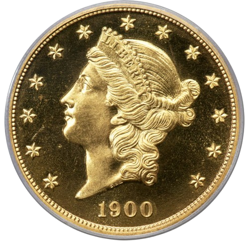 Obverse of a raw 1900 $20 Double Eagle Gold Piece