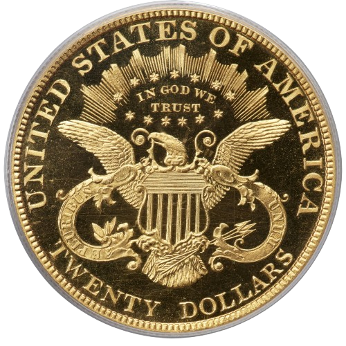 Reverse of a raw 1900 $20 Double Eagle Gold Piece
