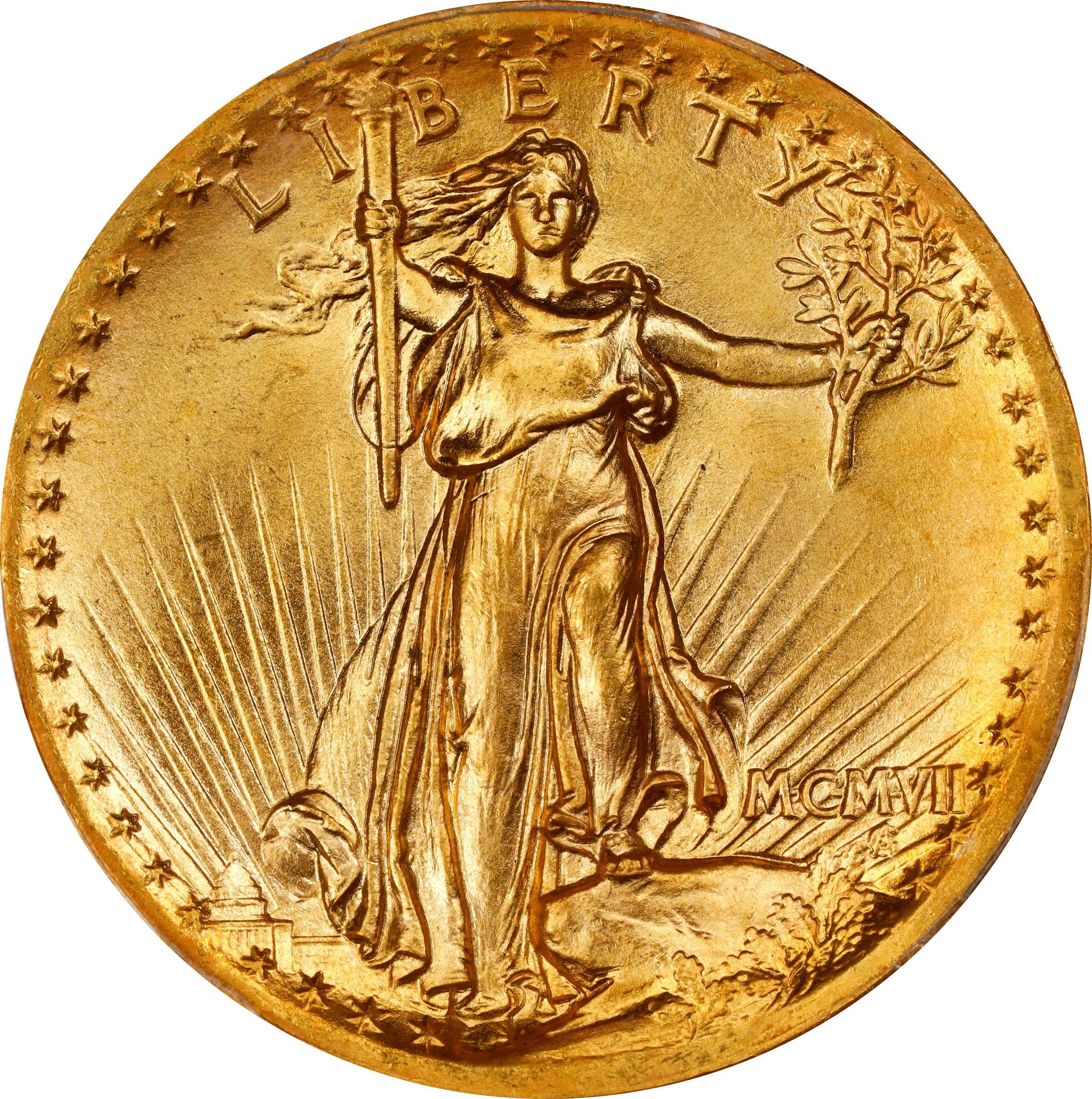 Obverse of a raw 1907 Saint Gaudens, High Relief $20 Gold