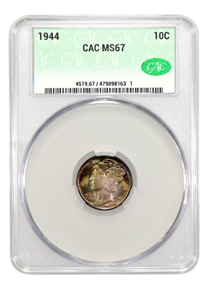 Obverse slab shot of a 1944 Mercury Dime graded an MS67