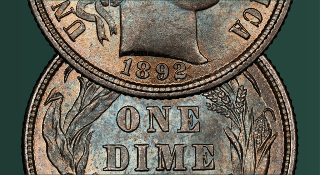 partial obverse and reverse of barber dime