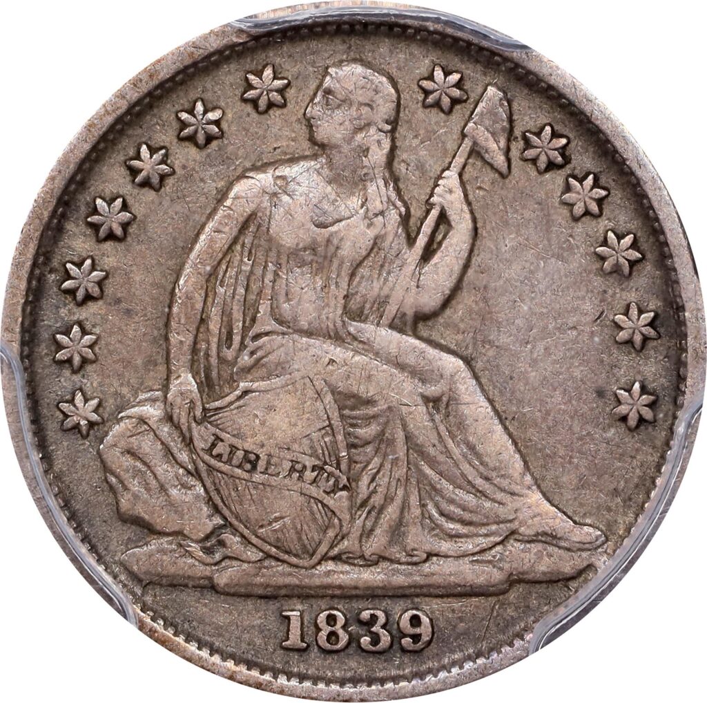 Obverse of a raw 1839-O Liberty Seated Dime