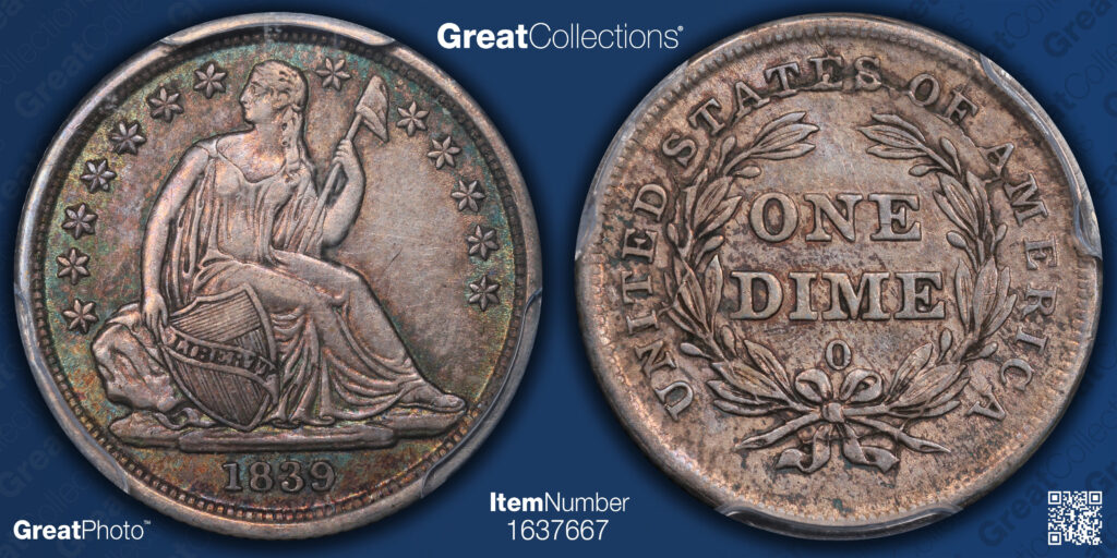 GreatCollections GreatPhoto of an 1839-O Liberty Seated Dime's obverse and reverse.