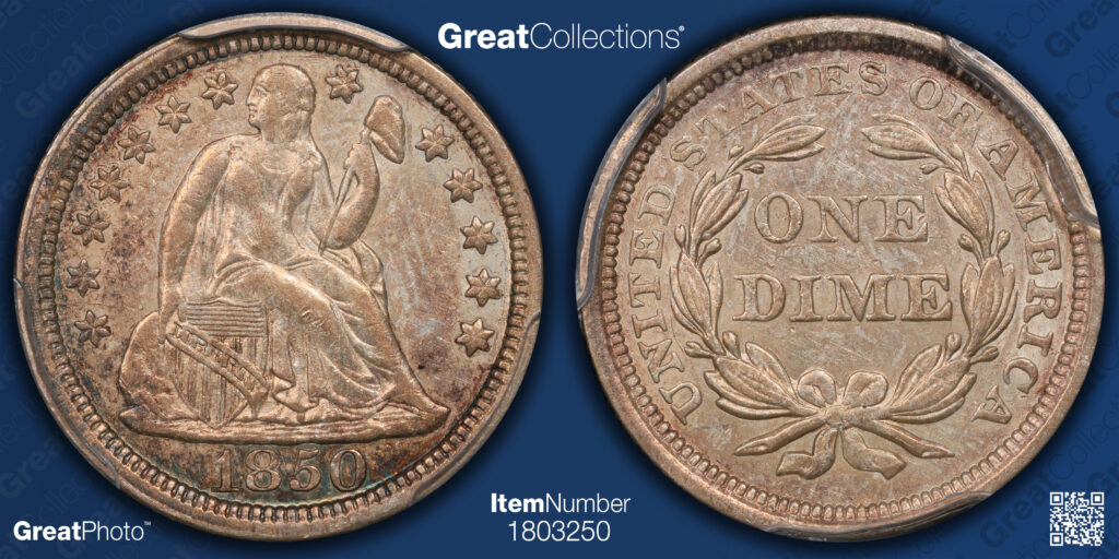 GreatCollections GreatPhoto of an 1850 Liberty Seated Dime's obverse and reverse.