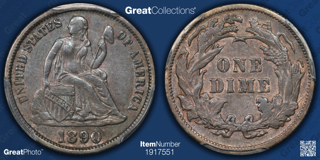 GreatPhoto of a 1890 Liberty Seated Dime with no stars, no arrows