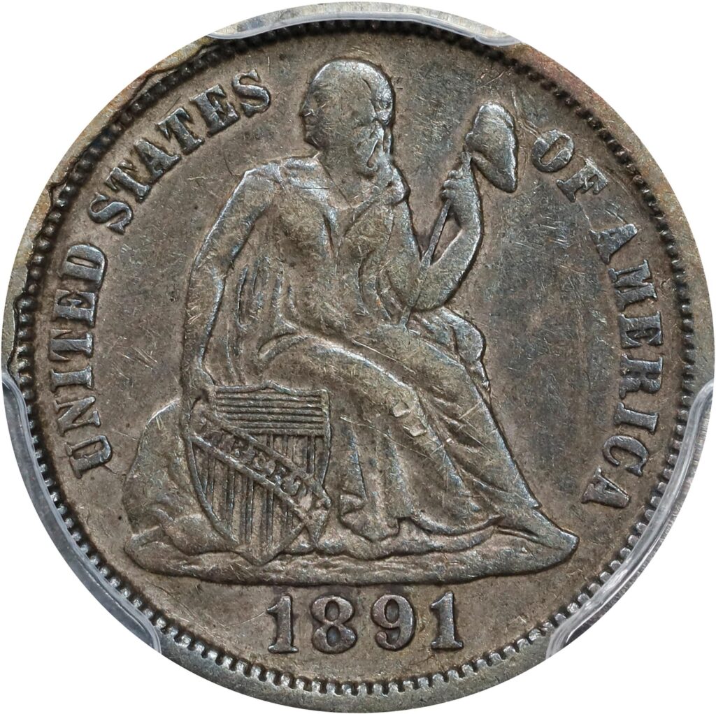 Obverse of a raw 1891-O Liberty Seated Dime with no stars, no arrows
