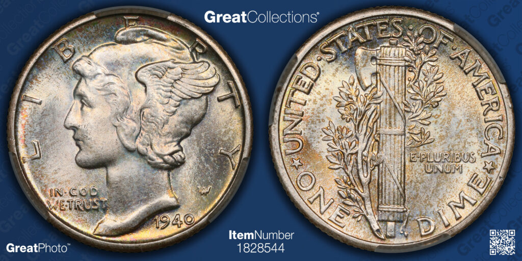 GreatPhoto of a 1940 Mercury Dime, obverse and reverse