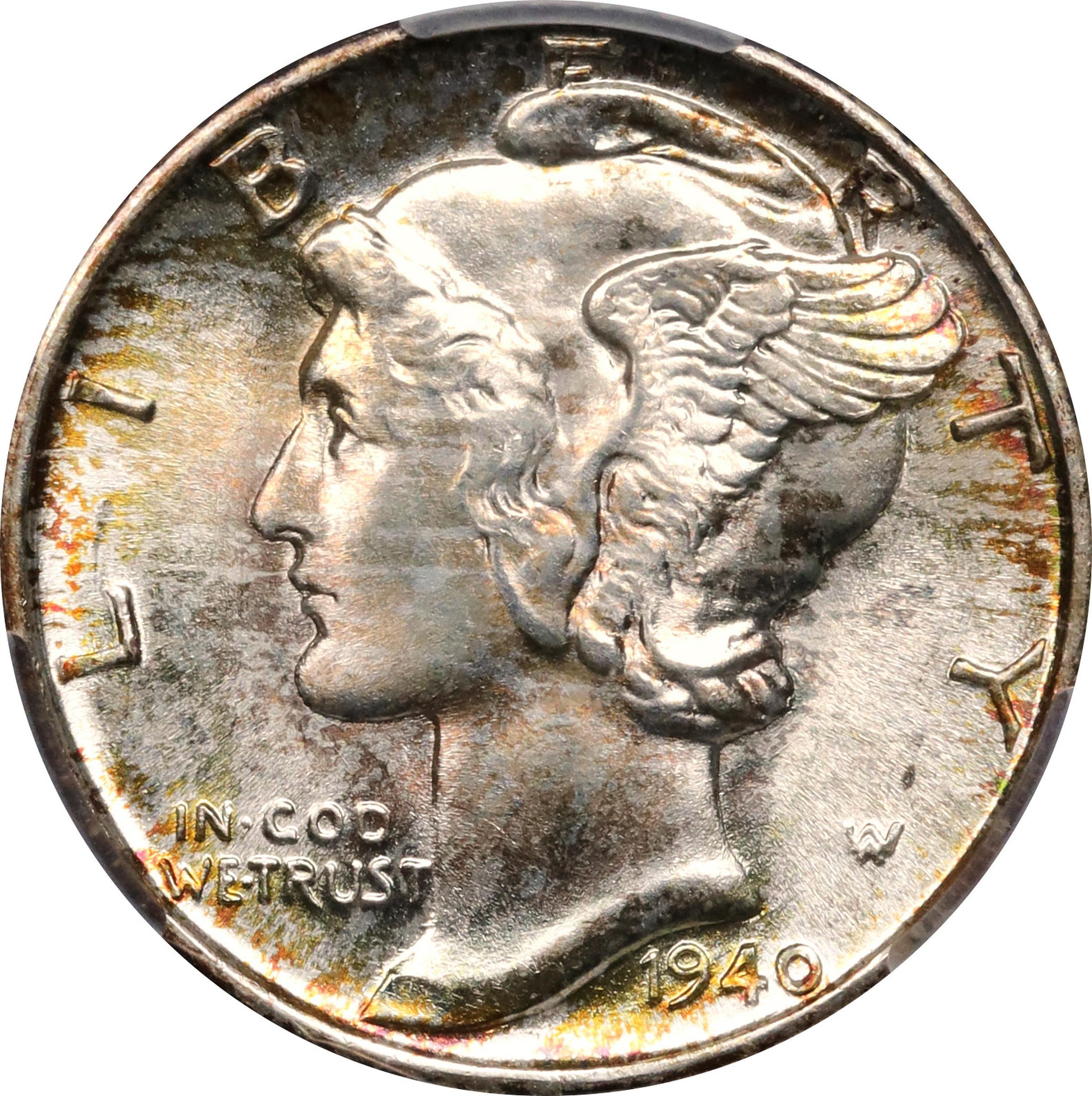 Obverse of a raw 1940 Mercury Dime