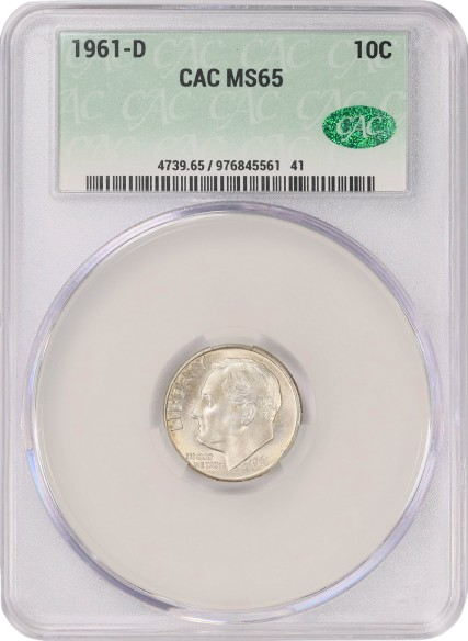 Obverse slab shot of a 1961-D Roosevelt dime graded an MS65