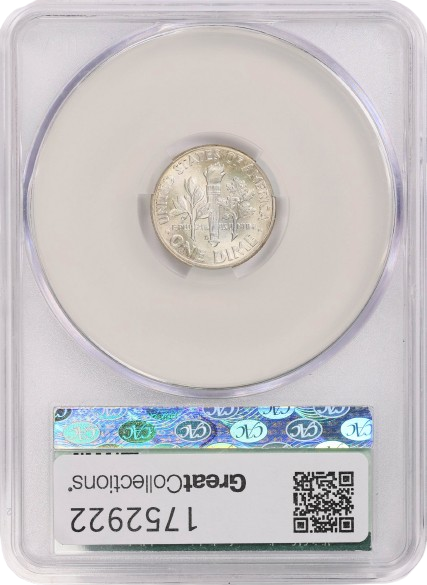 Reverse slab shot of a 1961-D Roosevelt dime graded an MS65