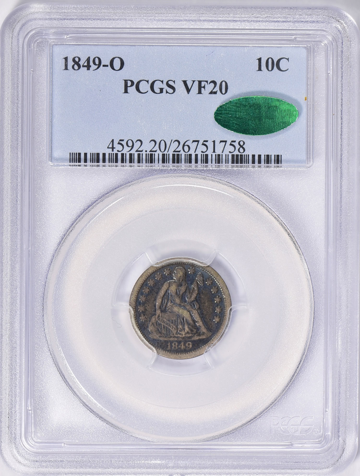 Obverse slab shot of a 1849-O Liberty Seated Dime graded a VF20 by PCGS