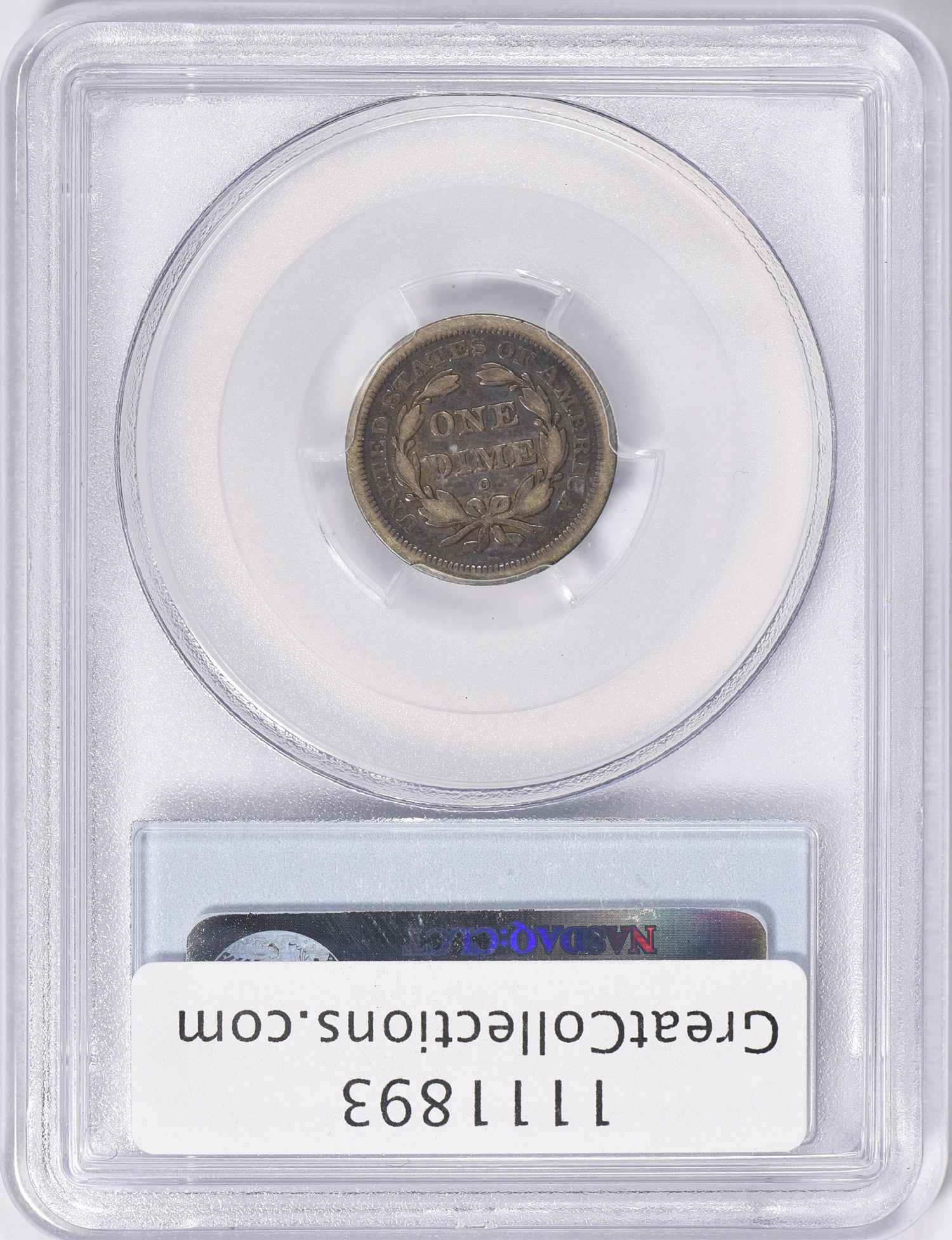 Reverse slab shot of a 1849-O Liberty Seated Dime graded a VF20 by PCGS