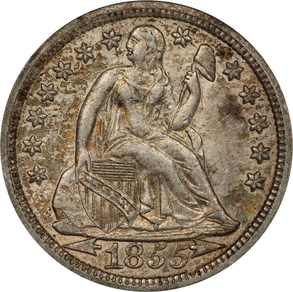 Obverse of a raw 1855 Liberty Seated Dime with Arrows