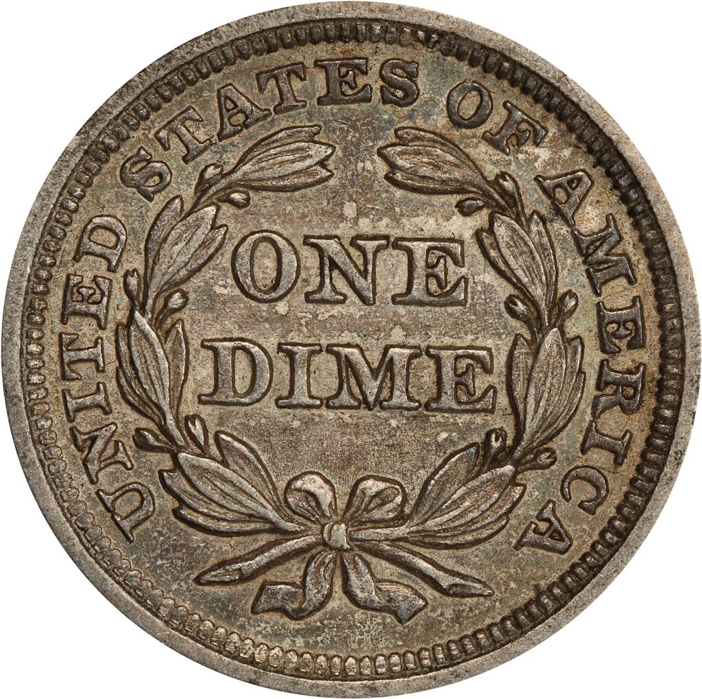 Reverse of a raw 1855 Liberty Seated Dime with Arrows