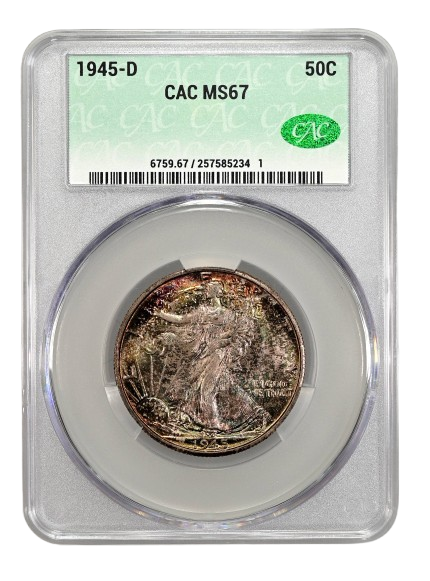 Obverse CAC slab shot of a 1945-D Walking Liberty Half Dollar graded an MS67