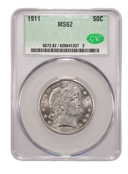 Obverse CAC slab shot of a 1911 Barber Half Dollar graded an MS62