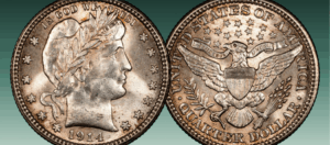 obverse and reverse of 1914 Barber quarter