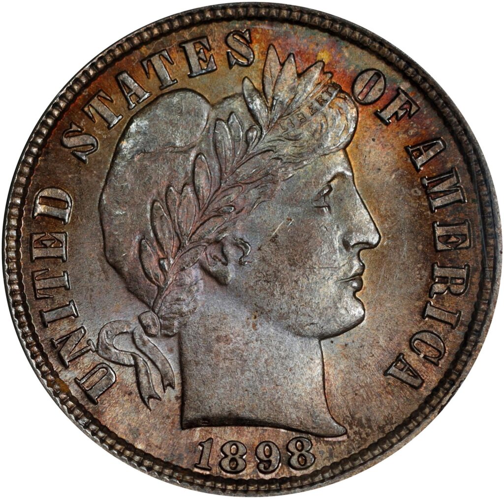 The obverse of a raw 1898 Barber Dime