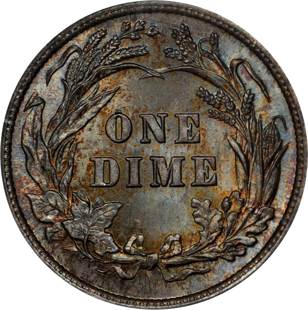 The reverse of a raw 1898 Barber dime