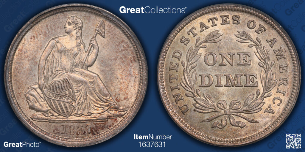 Great Collections, GreatPhoto of a 1837 Liberty Seated Dime's obverse and reverse.