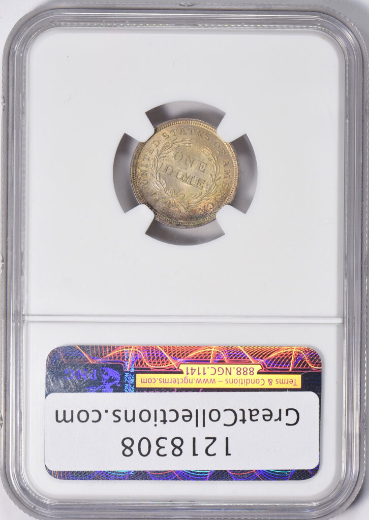 Reverse slab shot of an NGC-Graded, CAC-Approved 1837 Large Date Liberty Seated Dime graded an MS65