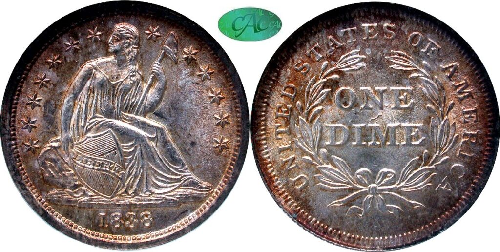 Obverse and reverse of a raw 1838 Liberty Seated Dime