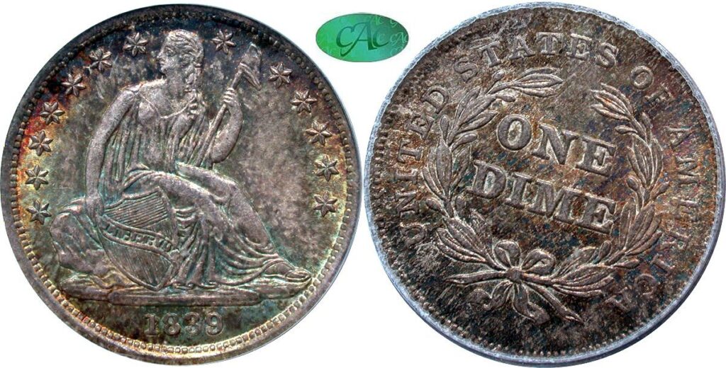 Obverse and Reverse of a raw 1839 Liberty Seated Dime