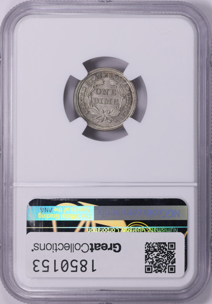 Reverse slab shot of an NGC graded 1853 arrows Liberty Seated Dime, that has been CAC-Approved