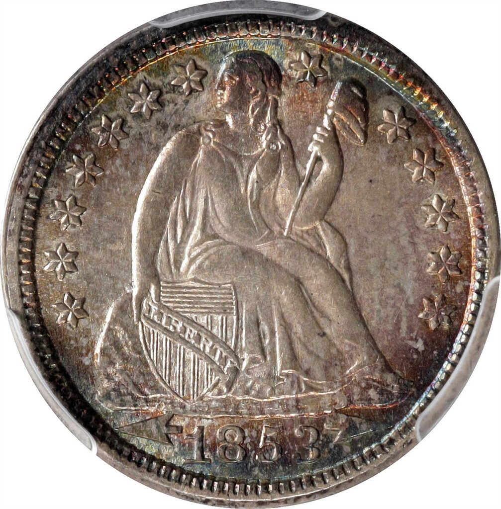 Obverse of a raw 1853 Liberty Seated Dime with arrows