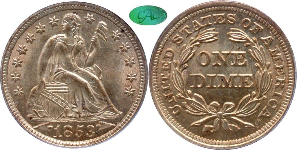 The obverse and reverse of an 1853 Liberty Seated Dime with arrows, by Gerry Fortin