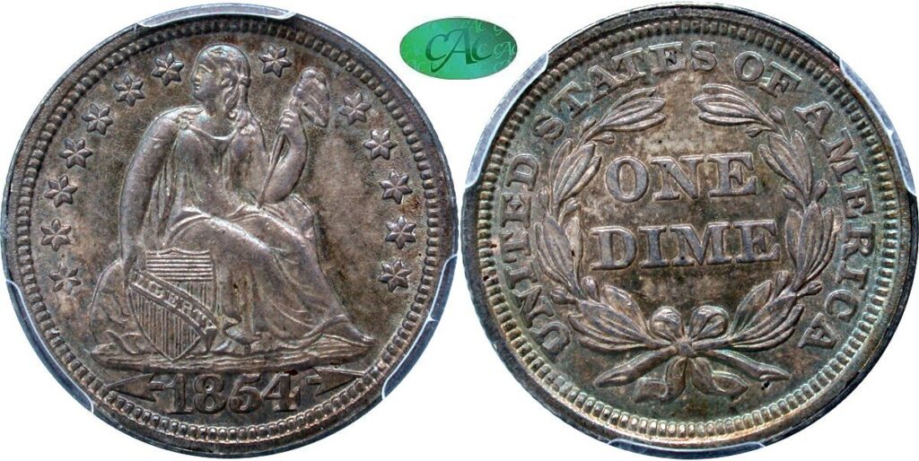 The obverse and reverse of an 1854 Liberty Seated Dime with arrows, by Gerry Fortin