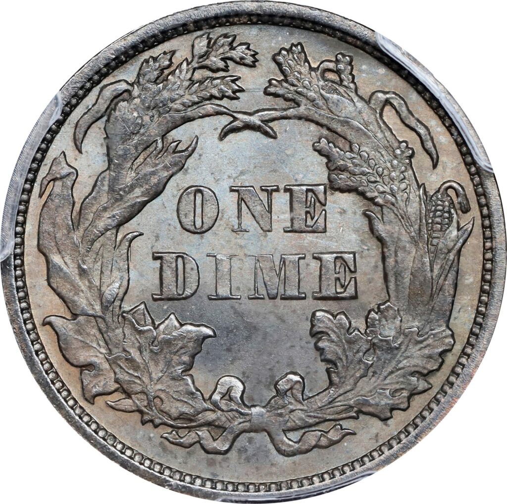 Reverse of a raw 1874 Liberty Seated Dime