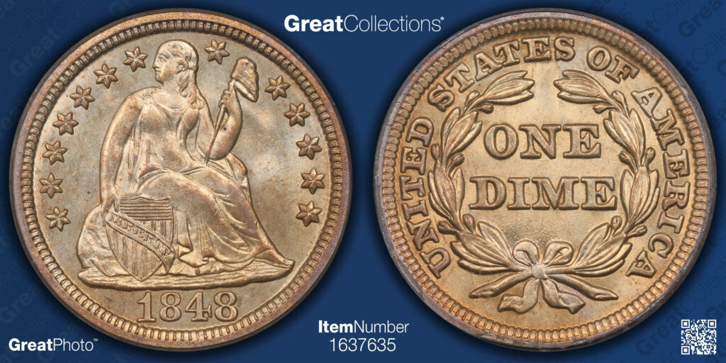 Great Collections, GreatPhoto of a 1848 Liberty Seated Dime's obverse and reverse.