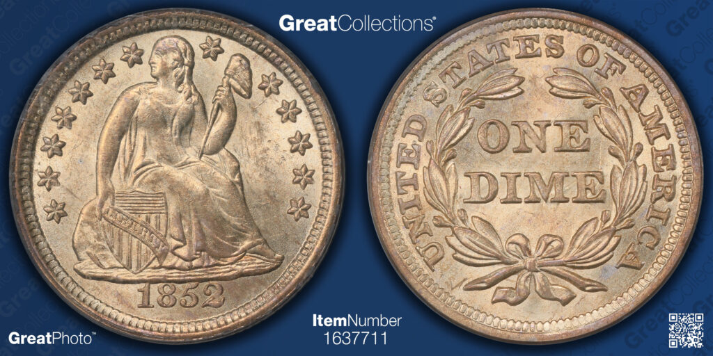 Great Collections, GreatPhoto of a 1852 Liberty Seated Dime's obverse and reverse.