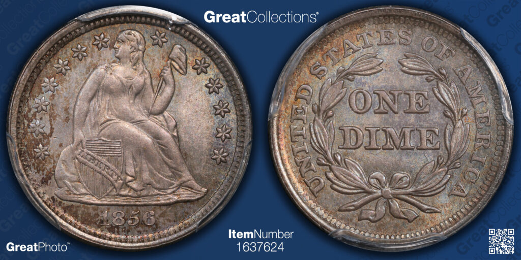 Great Collections, GreatPhoto of a 1856 Liberty Seated Dime's obverse and reverse.